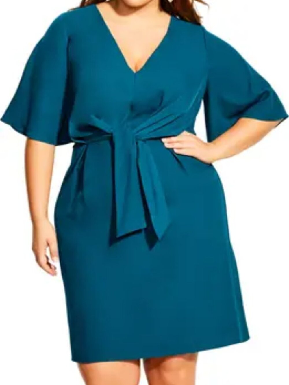 City Chic Knot Front Flutter Sleeve V-Neck Dress - Size 18 Plus - Teal Blue